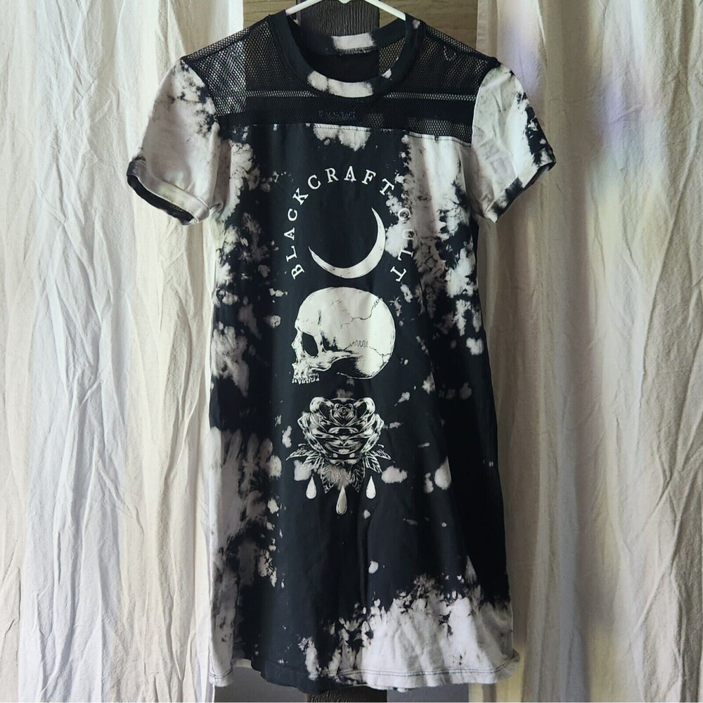 BLACKCRAFT CULT Gothic Dress Black White Tie Dye Mesh Top Back T-shirt Dress